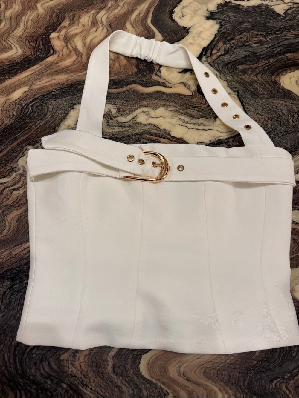 White Women's Belted Halter Top with Gold Hardware